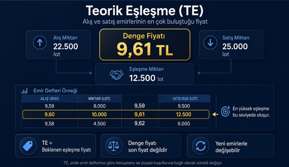 Teorik eşleşme ve denge fiyatının nasıl oluştuğunu gösteren örnek borsa görseli