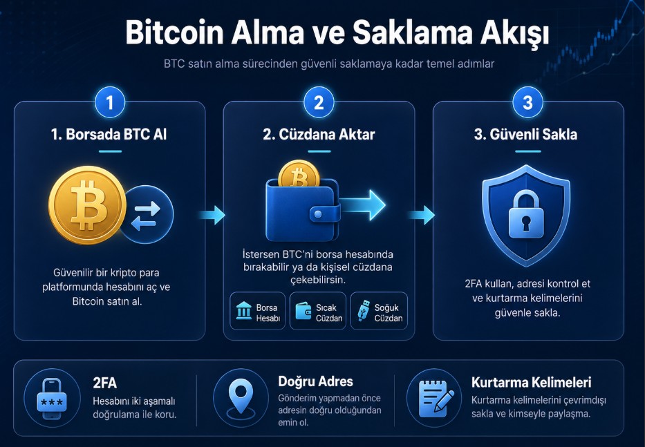 Bitcoin alma ve güvenli saklama sürecini gösteren akış şeması