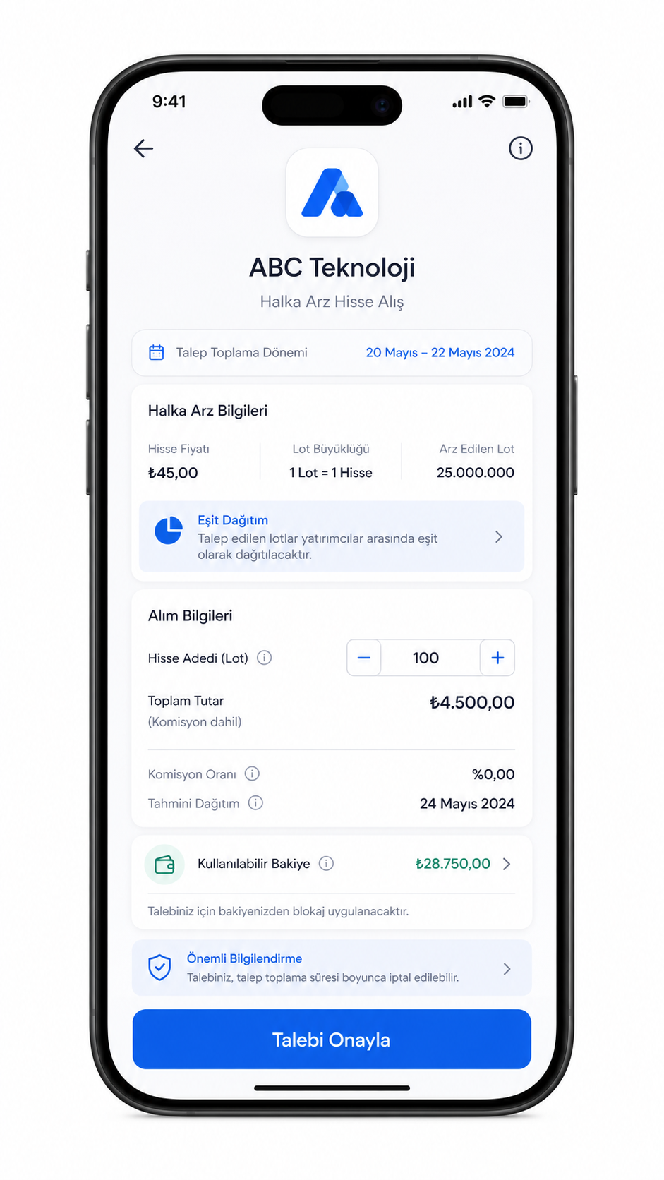 Mobil borsa uygulaması üzerinden örnek halka arz talep toplama ekranı