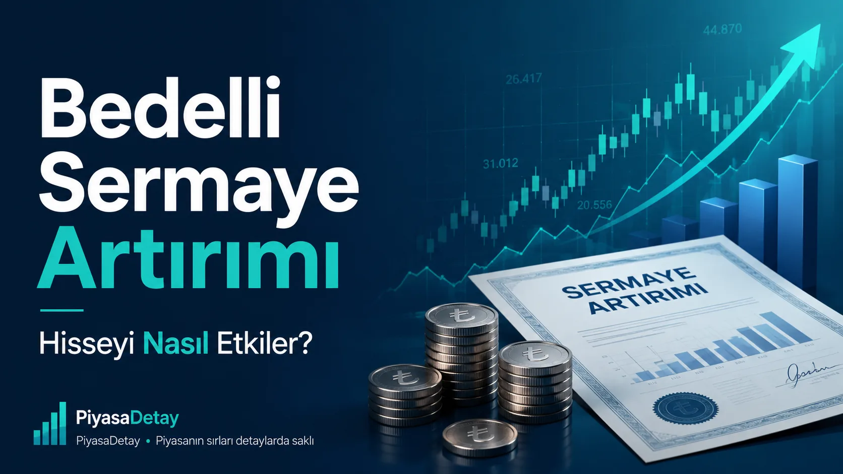 Bedelli sermaye artırımı nedir ve hisse fiyatını nasıl etkiler sorusunu anlatan PiyasaDetay kapak görseli.