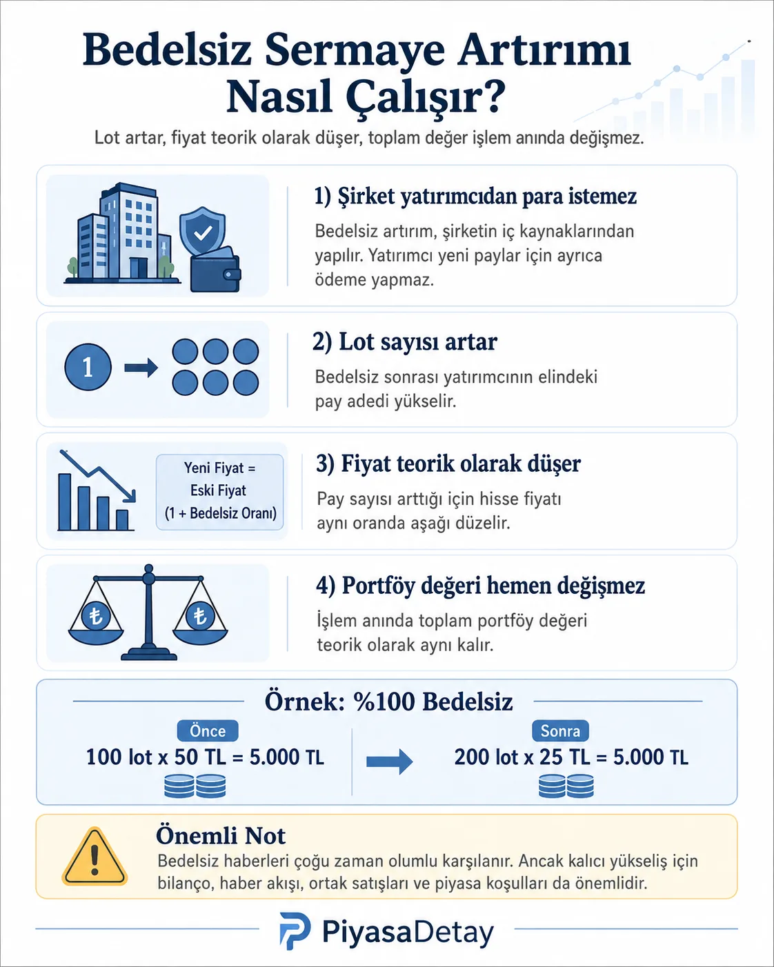 Bedelsiz sermaye artırımında lot sayısı, teorik fiyat ve portföy değerinin nasıl değiştiğini anlatan PiyasaDetay infografiği.