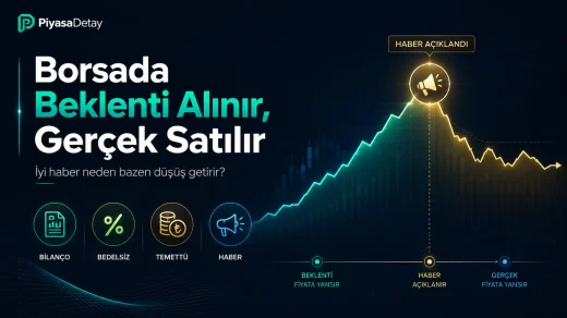 Borsada beklenti alınır gerçek satılır kavramını anlatan haber sonrası fiyat hareketi grafiği
