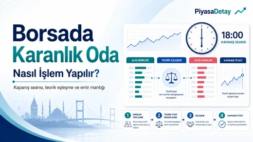 Borsada karanlık oda, kapanış seansı ve teorik eşleşme sürecini gösteren finans görseli