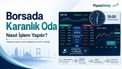 Borsada karanlık oda, kapanış seansı ve teorik eşleşme sürecini gösteren finans görseli