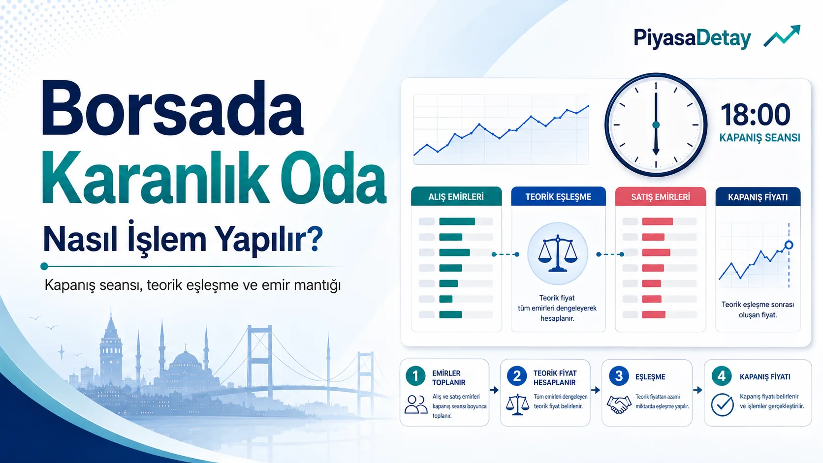 Borsada karanlık oda, kapanış seansı ve teorik eşleşme sürecini gösteren finans görseli