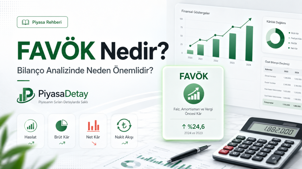 FAVÖK nedir sorusunu yanıtlayan infografik: faiz amortisman ve vergi öncesi kâr tanımı, yıllık büyüme grafiği ve temel bilanço kalemleri