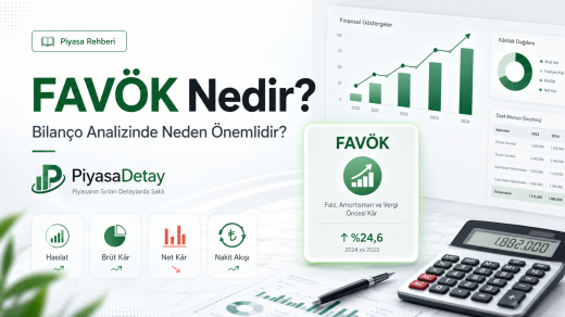 FAVÖK nedir sorusunu yanıtlayan infografik: faiz amortisman ve vergi öncesi kâr tanımı, yıllık büyüme grafiği ve temel bilanço kalemleri