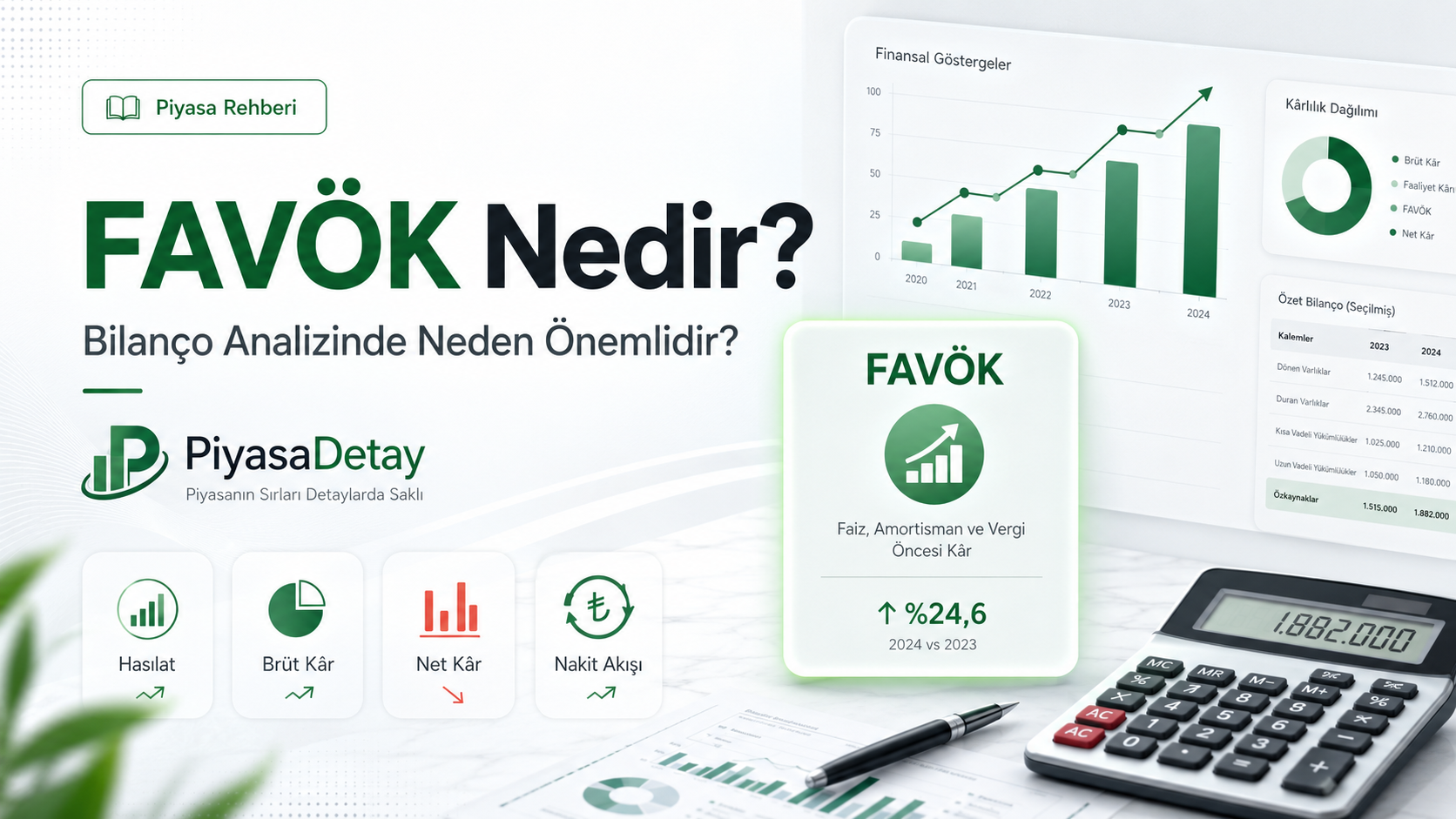 FAVÖK nedir sorusunu yanıtlayan infografik: faiz amortisman ve vergi öncesi kâr tanımı, yıllık büyüme grafiği ve temel bilanço kalemleri