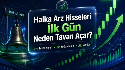 Halka arz hisselerinde ilk gün tavan hareketi, yoğun talep ve tavan serisi risklerini anlatan PiyasaDetay görseli