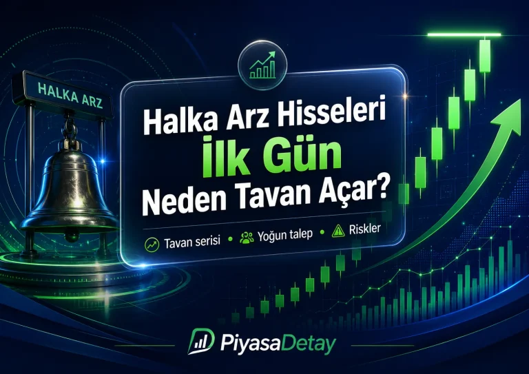 Halka arz hisselerinde ilk gün tavan hareketi, yoğun talep ve tavan serisi risklerini anlatan PiyasaDetay görseli