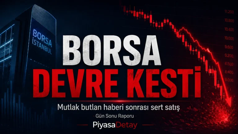 Mutlak butlan haberi sonrası Borsa İstanbul’da sert düşüş ve devre kesici uygulamasını anlatan PiyasaDetay gün sonu raporu görseli.