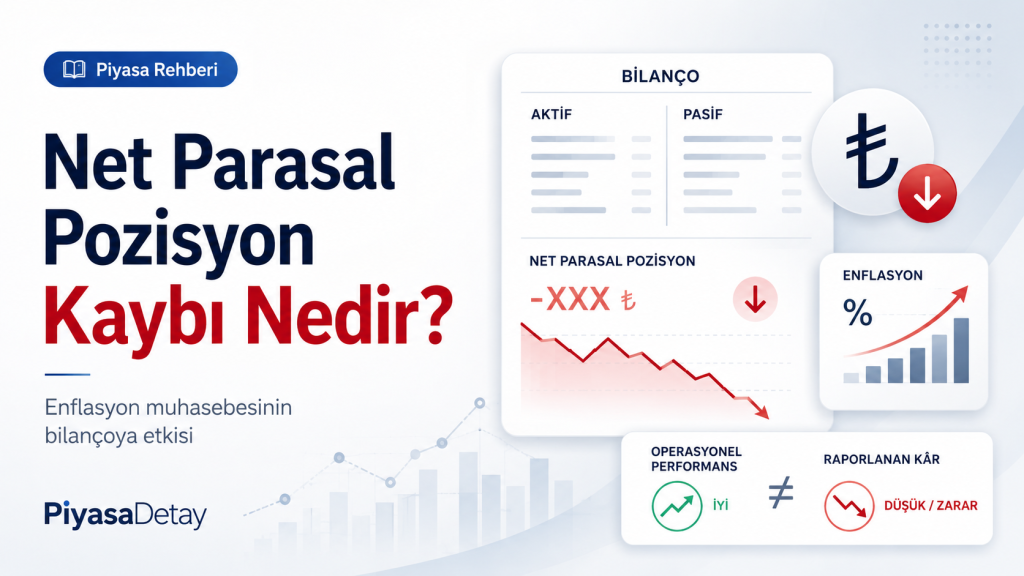 Net parasal pozisyon kaybını anlatan infografik: enflasyon muhasebesi döneminde operasyonel performans iyi olsa da raporlanan kârın düşük çıkabileceğini gösteren bilanço ve grafik