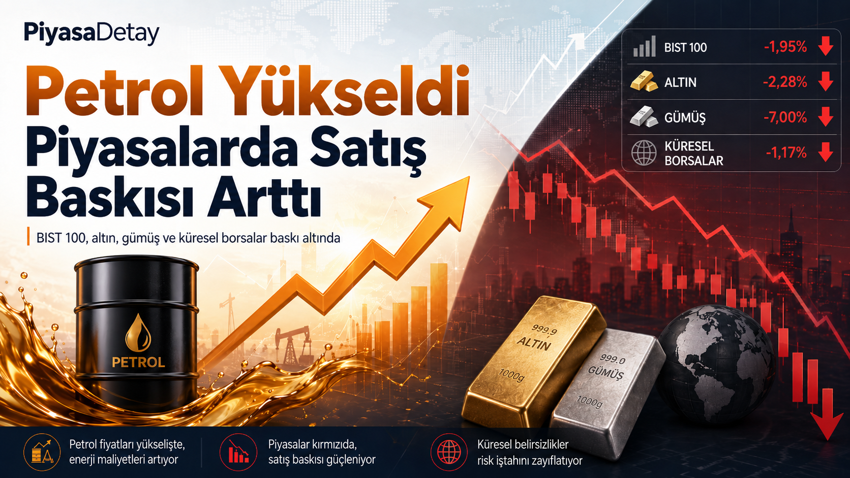 Petrol fiyatlarının yükseldiği, altın ve küresel borsalarda ise satış baskısının öne çıktığı piyasaları anlatan kapak görseli.