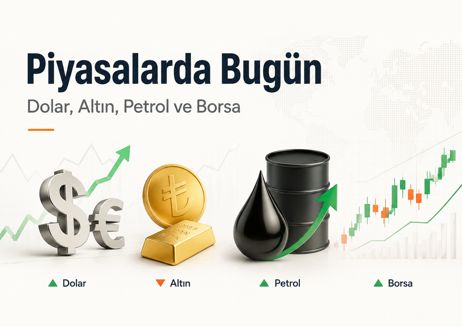 Piyasalarda bugün dolar, altın, petrol ve BIST 100 fiyatlamasını gösteren finans görseli