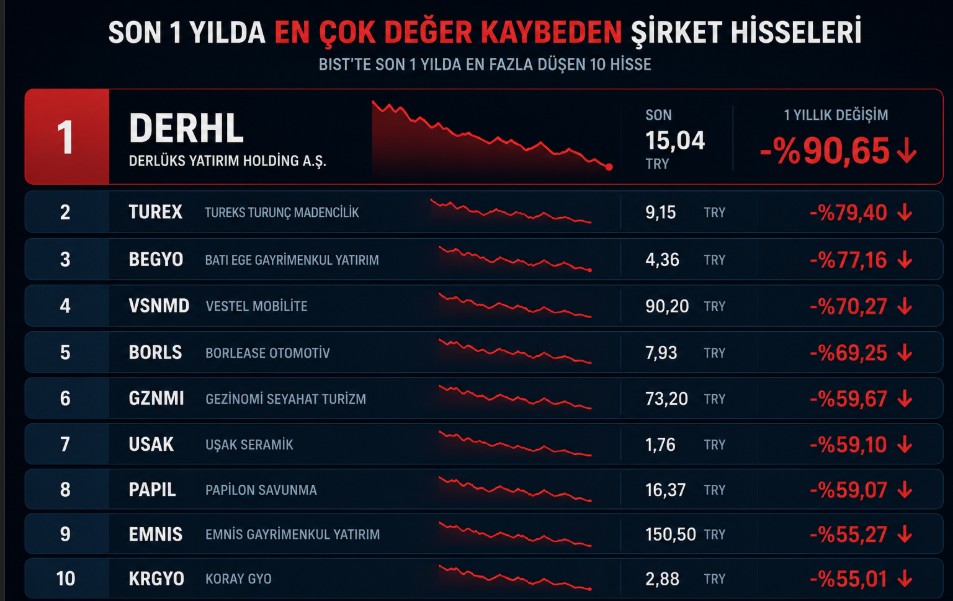 Son 1 yıllık performansa göre en fazla düşen hisseler listesinde DERHL yüzde 90,65 kayıpla ilk sırada bulunuyor.