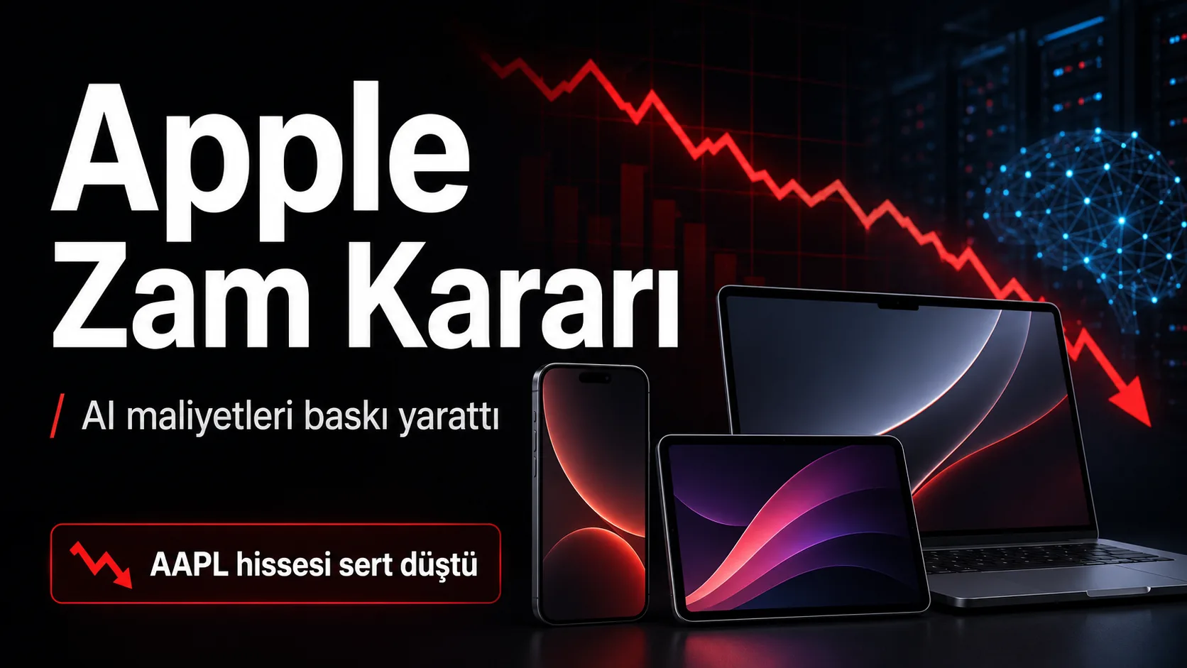 Apple zam kararı sonrası AI maliyetleri ve AAPL hissesindeki sert düşüşü anlatan haber görseli