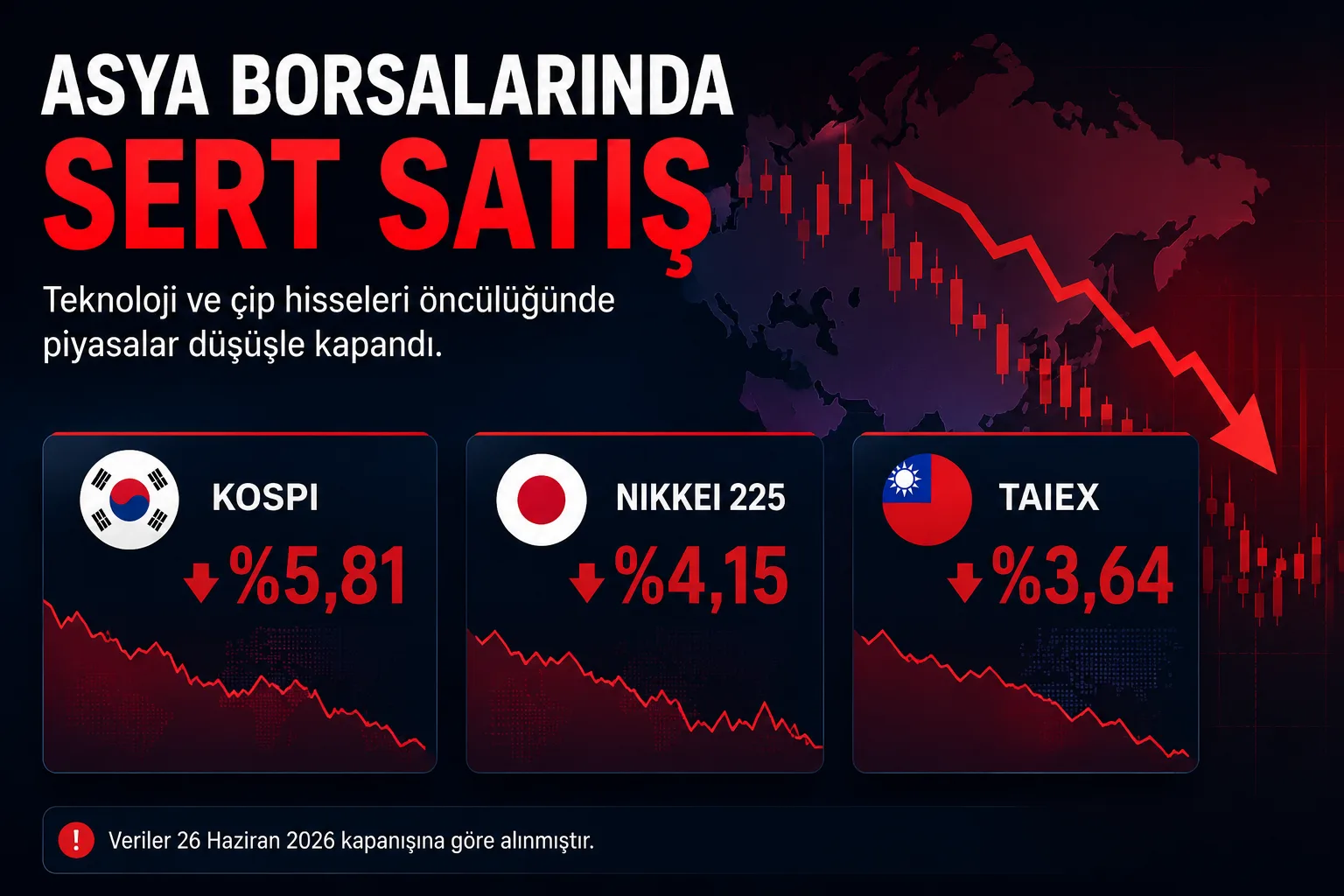 Asya borsalarında teknoloji ve çip hisseleri öncülüğünde sert satış yaşandı; Kore, Tayvan ve Japonya piyasaları düşüşle kapandı.