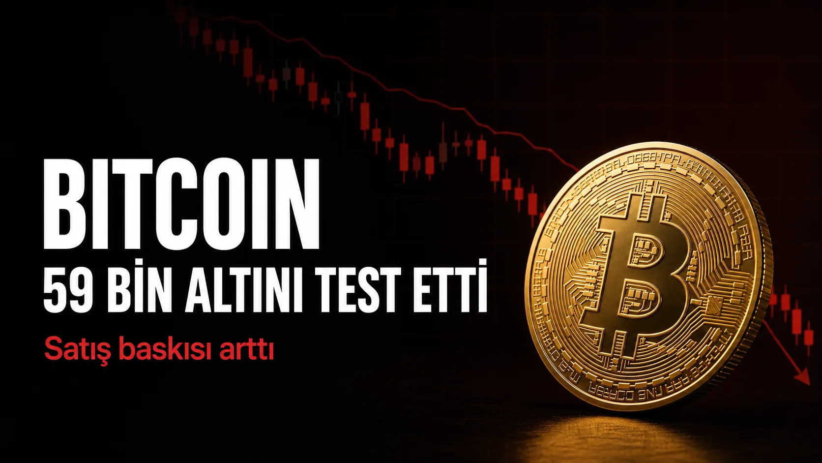 Bitcoin fiyatındaki düşüşü ve 59 bin dolar altının test edilmesini anlatan haber görseli