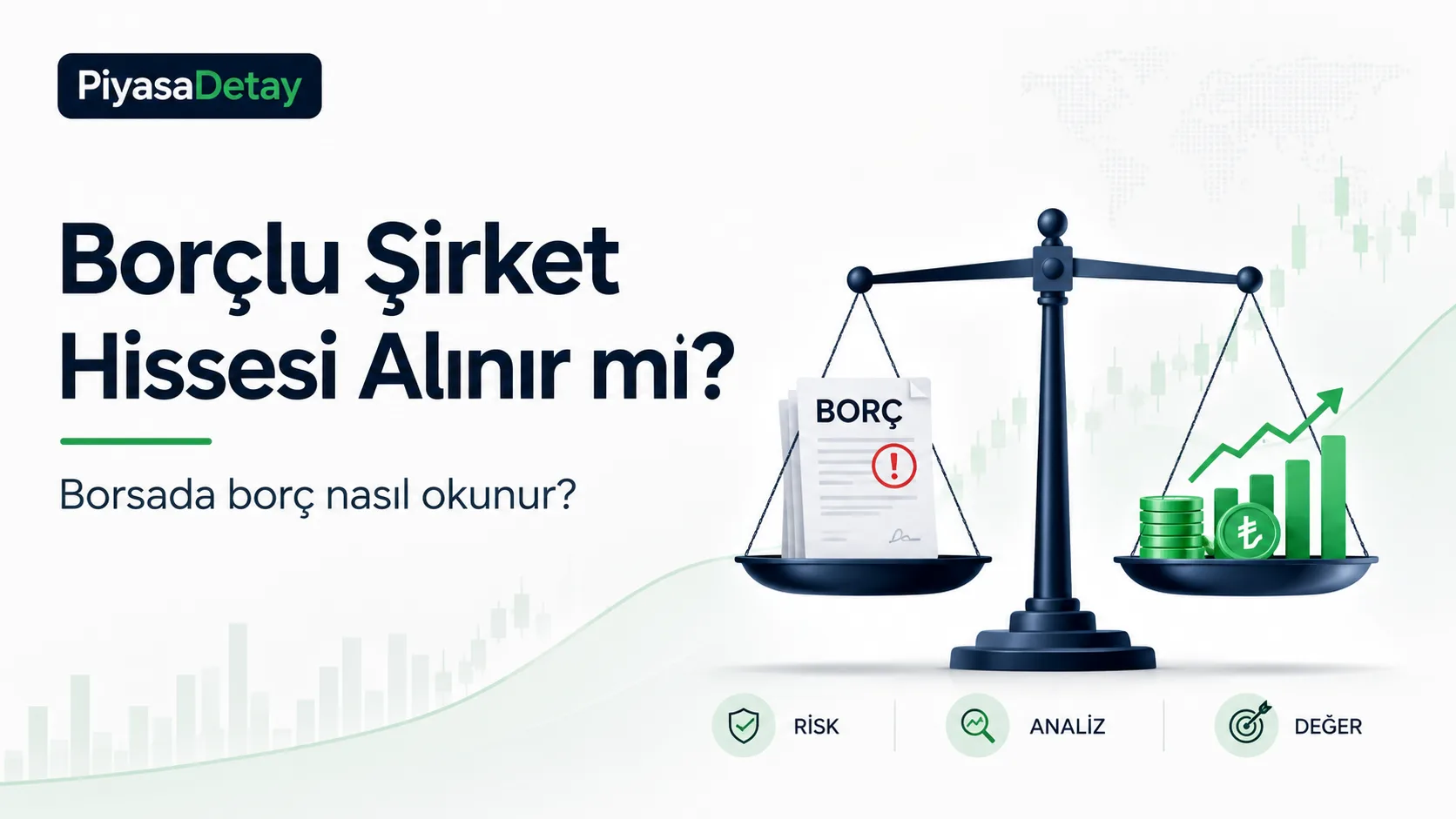 Borçlu şirket hissesi alınır mı konusunu anlatan, borç ve finansal dengeyi gösteren borsa temalı görsel