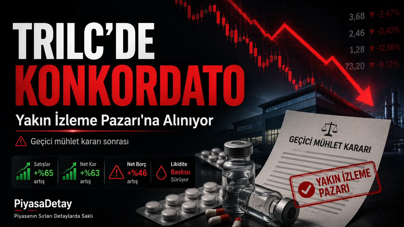 TRILC hisselerinde konkordato süreci ve Yakın İzleme Pazarı kararını anlatan finans temalı haber görseli