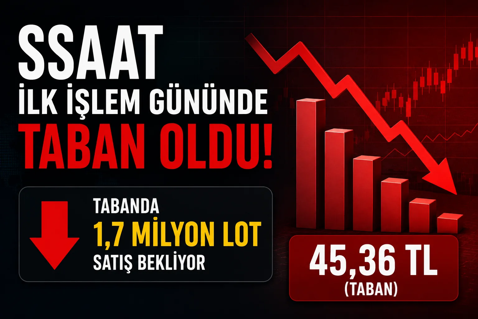 SSAAT hissesi ilk işlem gününde yüzde 10 düşüşle taban olurken, saat 14.20 itibarıyla tabanda yaklaşık 1,7 milyon lot satış emri bekliyor