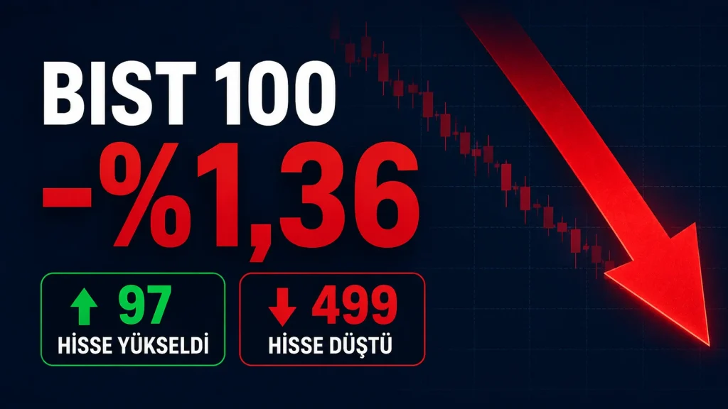 BIST 100 endeksinin 29 Temmuz 2026’da yüzde 1,36 düştüğünü ve Borsa İstanbul’da 499 hissenin değer kaybettiğini gösteren görsel