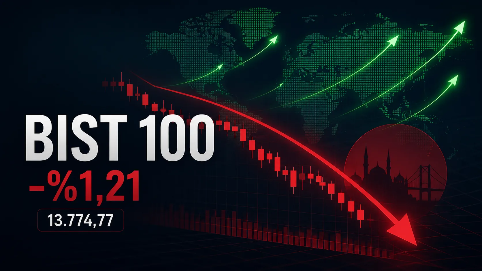 Küresel borsalar yükselirken BIST 100'ün yüzde 1,21 düşüşle 13.774,77 puanda kapandığını gösteren görsel