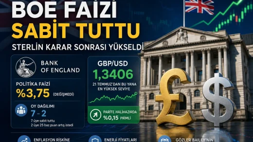 İngiltere Merkez Bankası faiz kararı sonrası yükselen Sterlin ve GBP/USD paritesini gösteren finans görseli