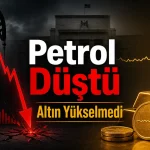 Petrol fiyatlarındaki sert düşüşe rağmen altın fiyatlarının yükselmemesini anlatan finans görseli
