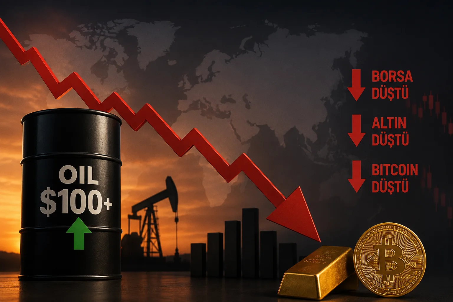 Petrol fiyatlarının 100 doları aşmasının ardından küresel borsalar, altın ve Bitcoin'de düşüş yaşandı.