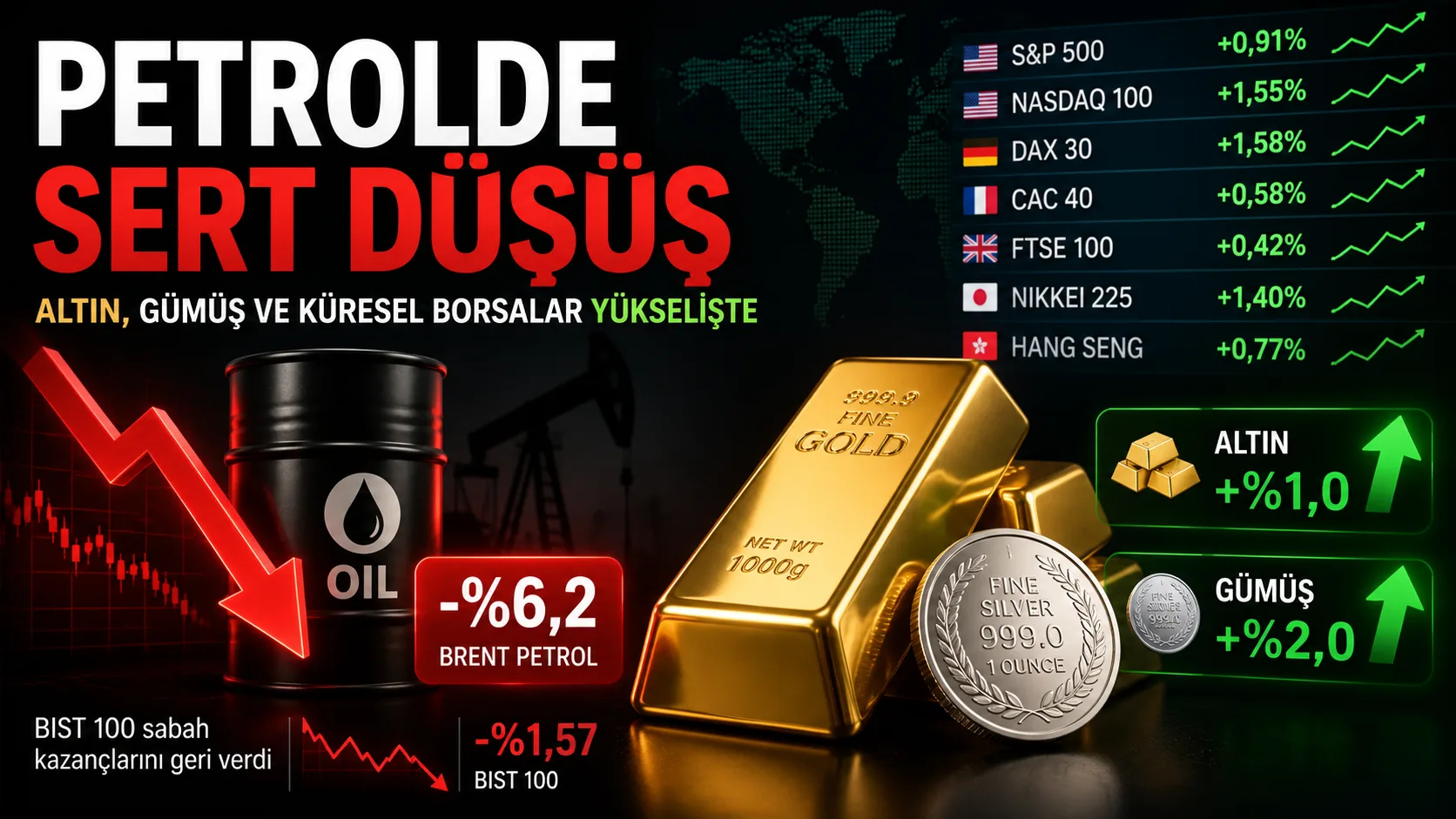 Petrol düşerken altın, gümüş ve borsalar yükseldi