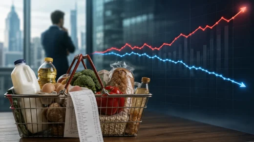 Alışveriş sepeti, fiyat etiketleri ve finansal verileri temsil eden ekran