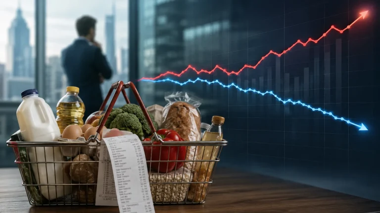 Alışveriş sepeti, fiyat etiketleri ve finansal verileri temsil eden ekran