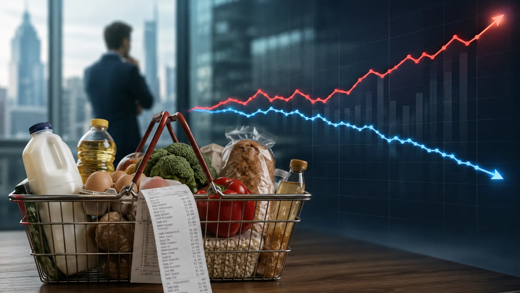 Alışveriş sepeti, fiyat etiketleri ve finansal verileri temsil eden ekran