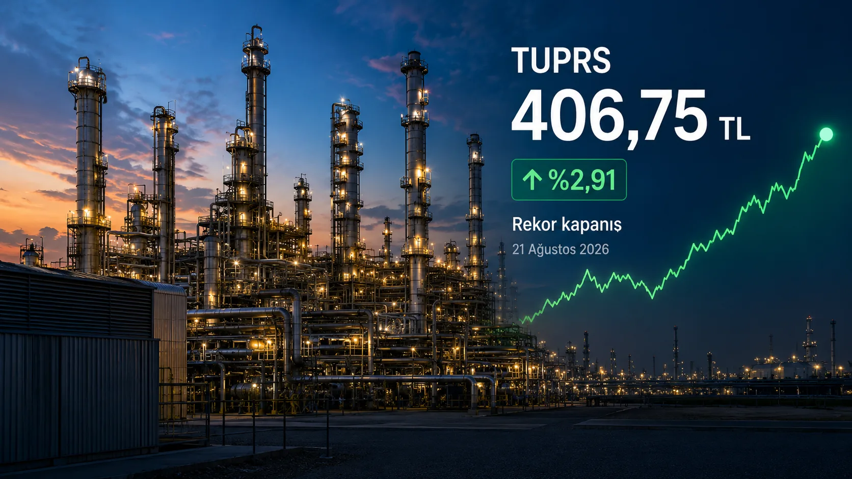 TUPRS hissesi 21 Ağustos 2026 seansını yüzde 2,91 yükselişle 406,75 TL’den tamamladı.