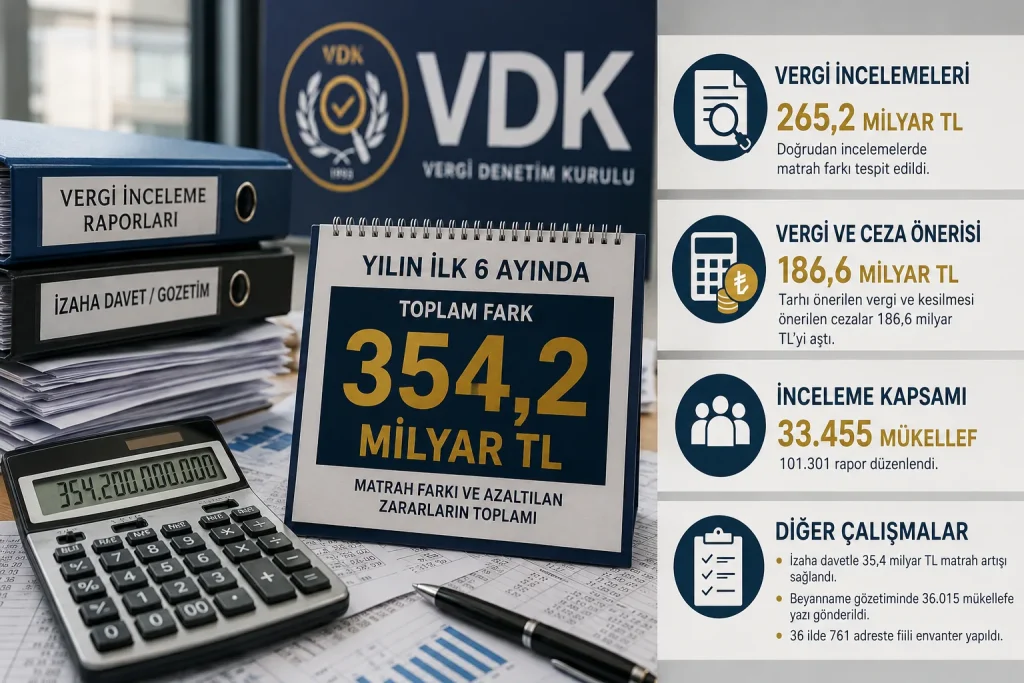 Vergi inceleme belgeleri, hesap makinesi ve mali kayıtların yer aldığı masa