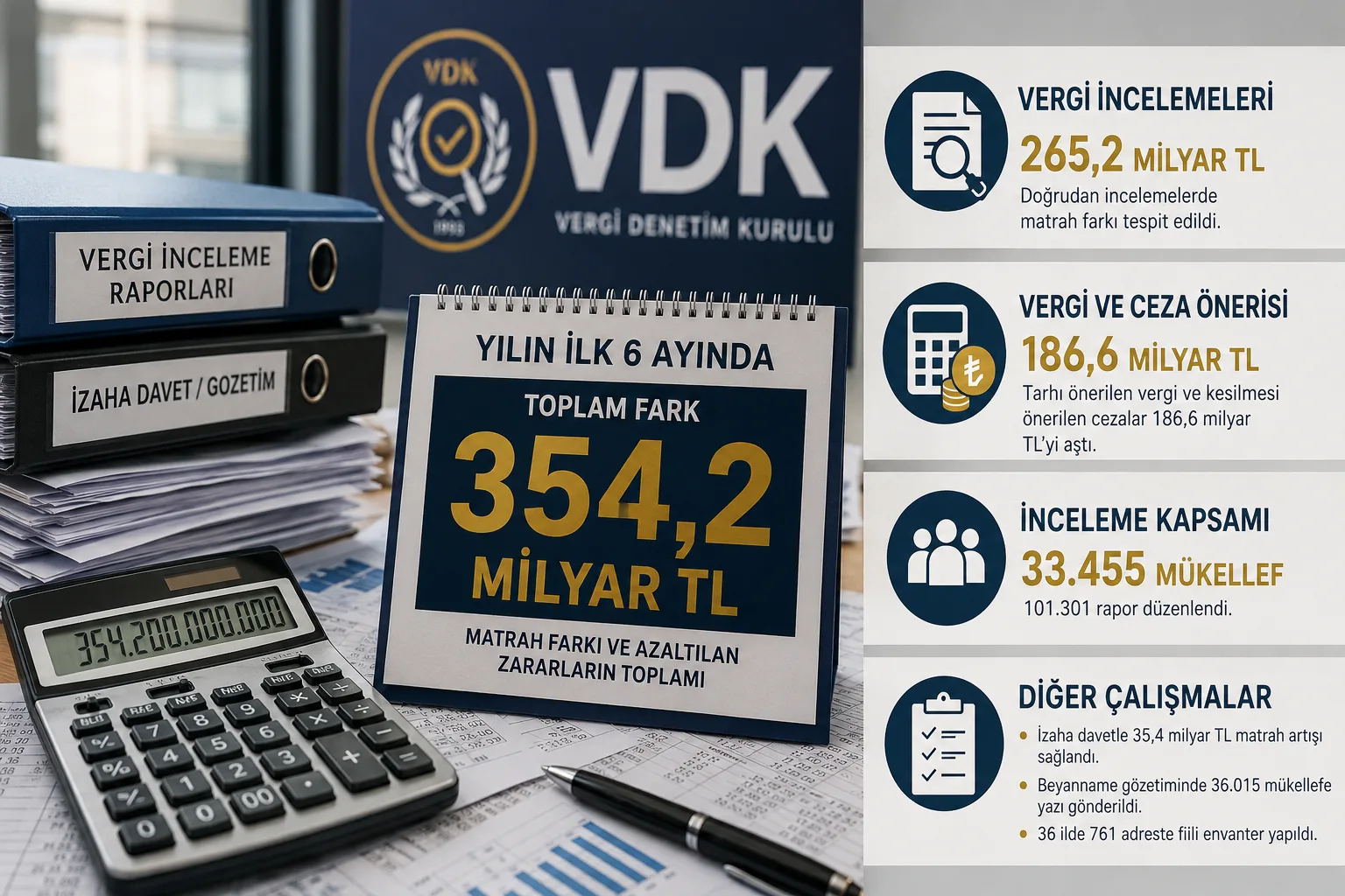 Vergi inceleme belgeleri, hesap makinesi ve mali kayıtların yer aldığı masa