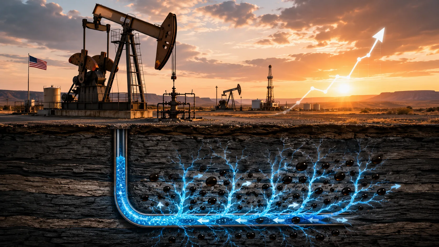 Petrol sahasında pompa ve kaya petrolü kuyusunun yer altı kesiti