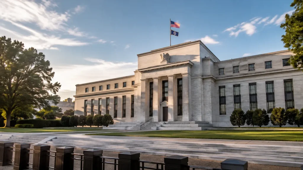 Washington'da ABD Merkez Bankası binası önünde dalgalanan Amerikan bayrağı