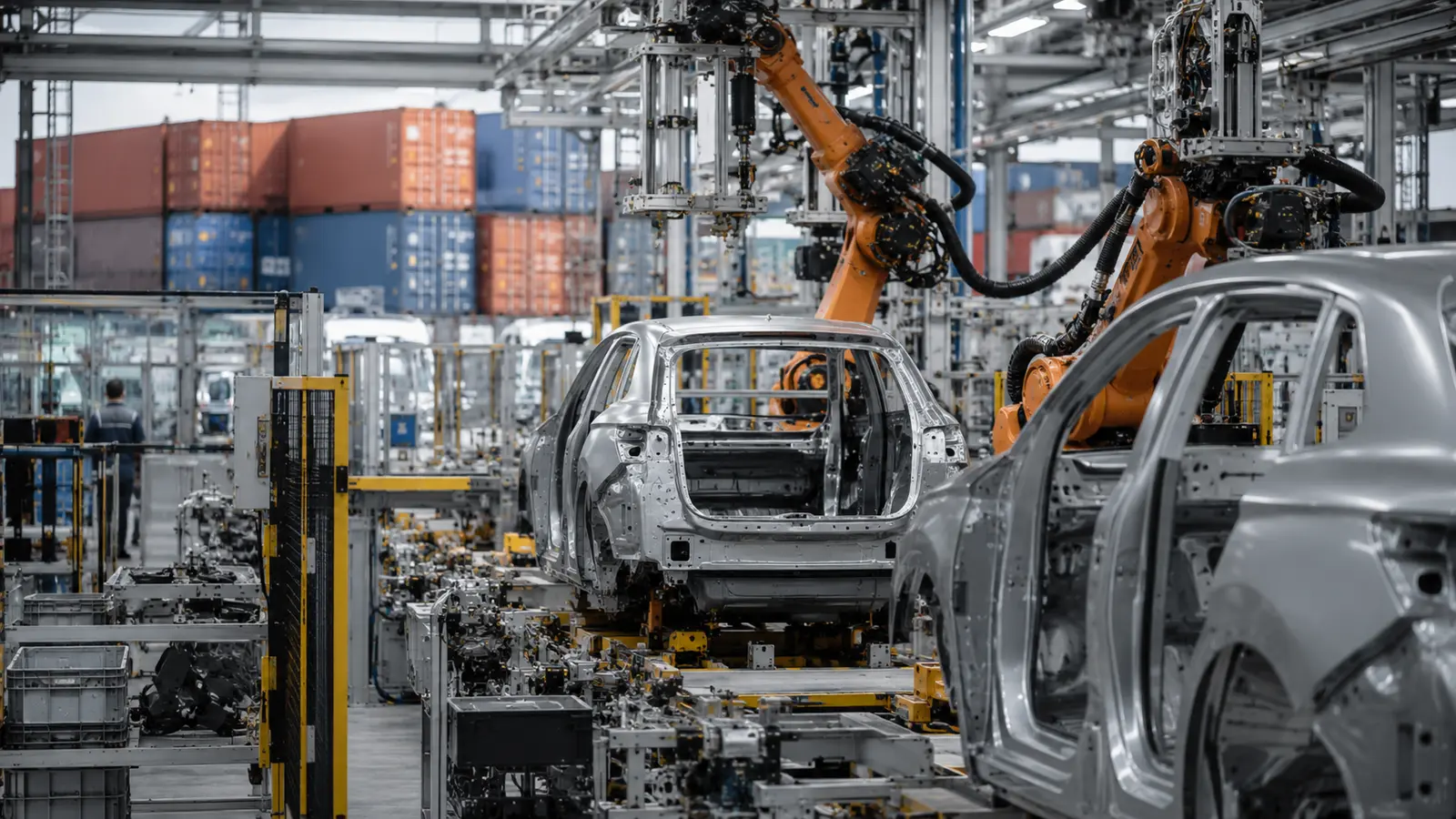 Almanya'daki otomotiv fabrikasında montaj hattındaki araçlar ve endüstriyel üretim robotları