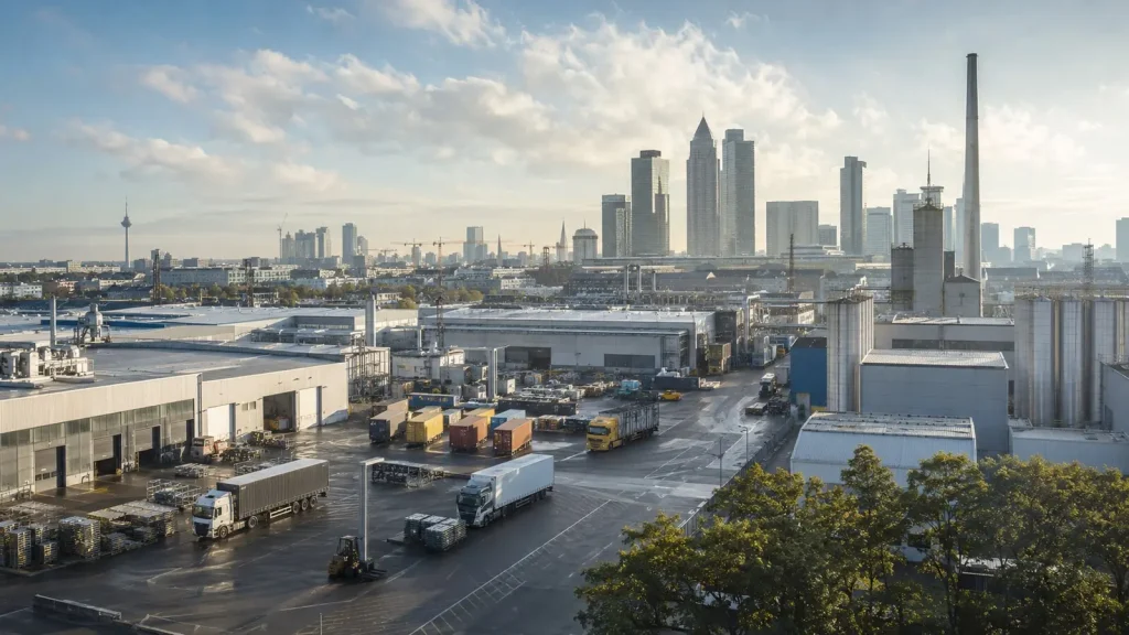 Frankfurt silüeti önünde üretim tesisleri, depolar ve yük taşıyan kamyonların bulunduğu sanayi bölgesi