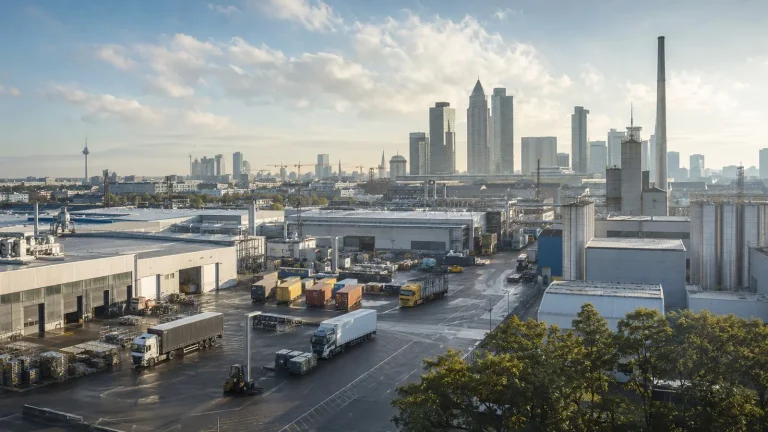 Frankfurt silüeti önünde üretim tesisleri, depolar ve yük taşıyan kamyonların bulunduğu sanayi bölgesi