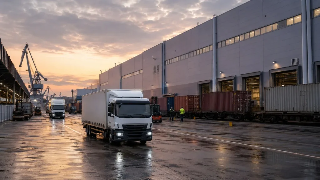 Fabrika yükleme alanında markasız kamyonlar, yük vagonları, konteynerler ve liman vinçleri