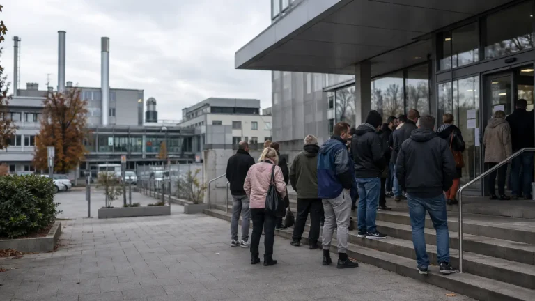 Almanya'da bir iş bulma kurumunun önünde bekleyen insanlar ve kent merkezindeki iş yerleri