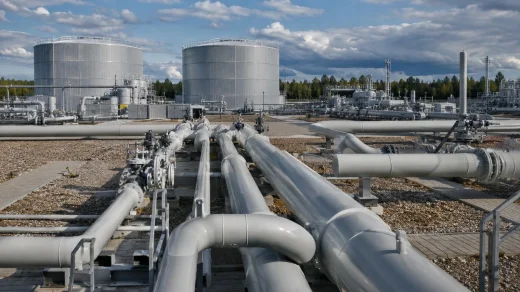 Büyük metal tanklar ve boru hatlarının bulunduğu geniş doğal gaz depolama tesisi