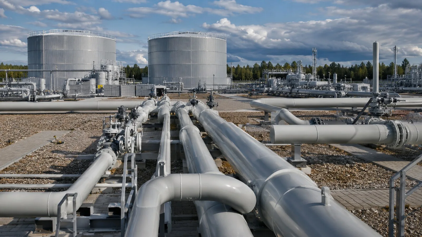 Büyük metal tanklar ve boru hatlarının bulunduğu geniş doğal gaz depolama tesisi