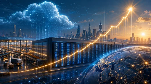 Amazon’ın AWS ve yapay zekâ büyümesiyle 3 trilyon dolar piyasa değerine ulaşmasını temsil eden teknoloji ve borsa görseli