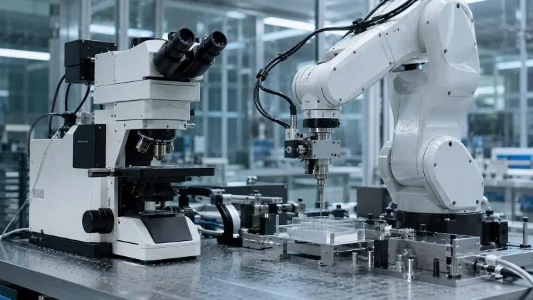 Modern laboratuvarda mikroskop ve robot kolunun aynı çalışma tezgâhında yer aldığı otomasyon sistemi