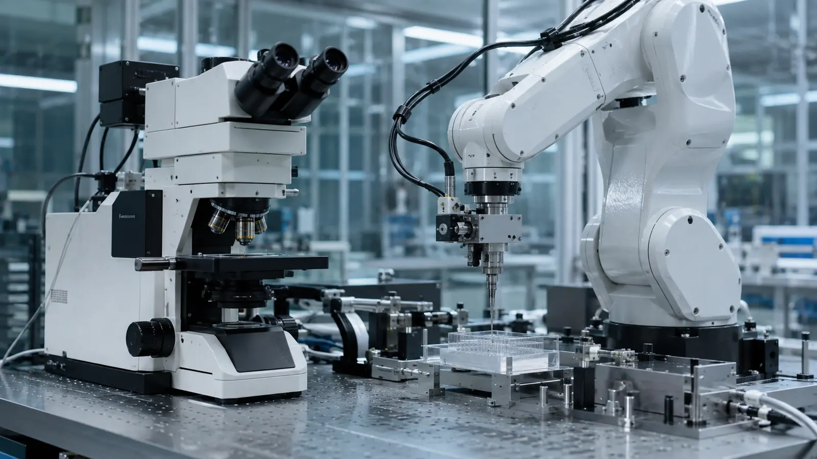 Modern laboratuvarda mikroskop ve robot kolunun aynı çalışma tezgâhında yer aldığı otomasyon sistemi