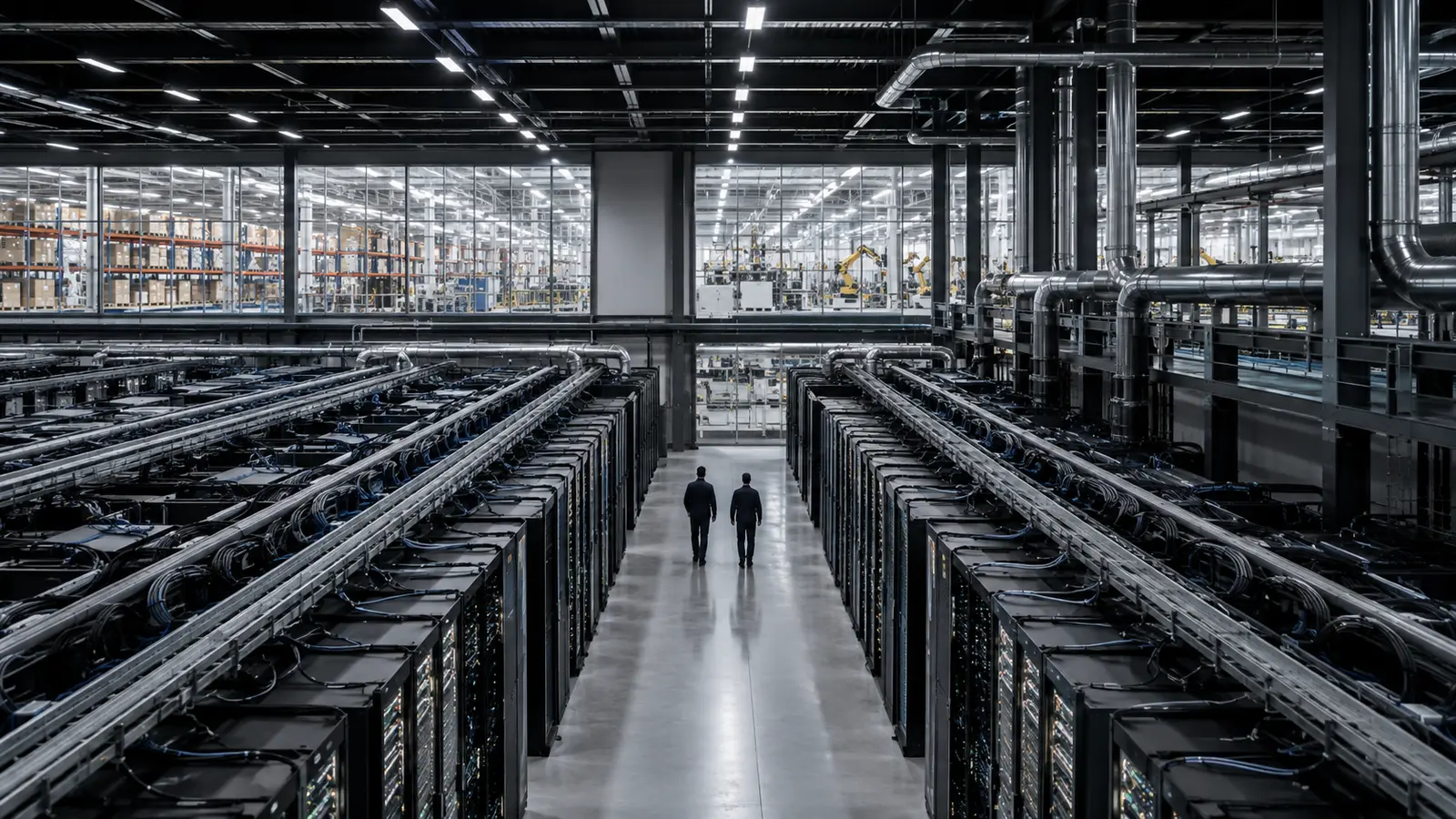 Büyük bir yapay zekâ veri merkezinde sunucu sıraları ve soğutma altyapısı